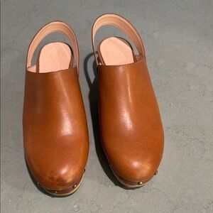 J. Crew Brown Leather Mules with Wooden Sole - convertible straps